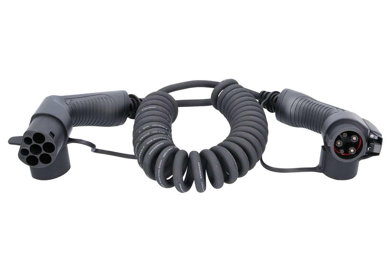 efuturo® flexible link spiral charging cable Type 2 to Type 1 plug